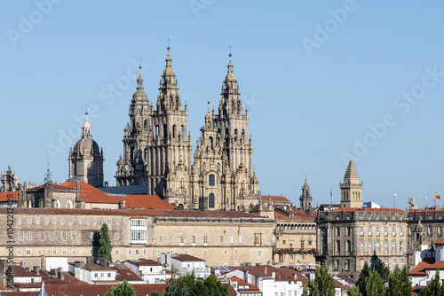 Santiago de Compostela cathedral and old town on a bright day of summer. Copy space