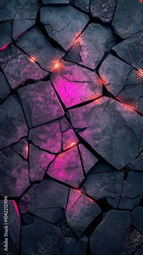Cracked surface with glowing purple light in a dark environment at night