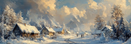 Winter landscape with charming cottages and snow covered trees at sunset