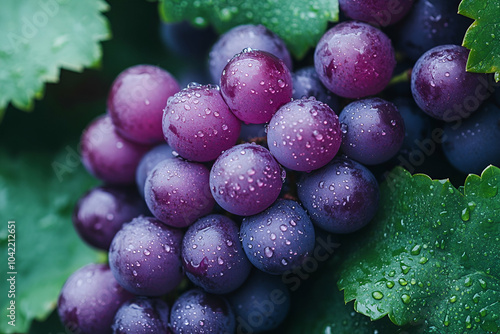 Wallpaper Mural Fresh, plump grapes with dewdrops nestled among green leaves, showcasing their vibrant purple color and natural beauty. Torontodigital.ca