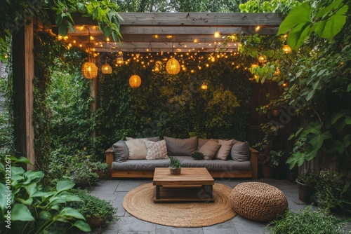 Cozy outdoor seating area with string lights and greenery in a tranquil garde...