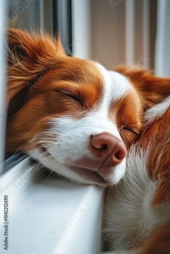 A brown and white dog peacefully sleeps by the window on a sunny afternoon
