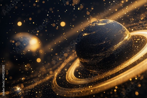 A mesmerizing view of distant planets surrounded by glowing rings in the dept...