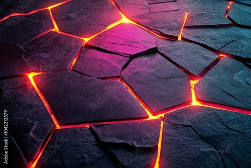 Colorful cracks in a dark textured wall create a striking visual effect in a ...