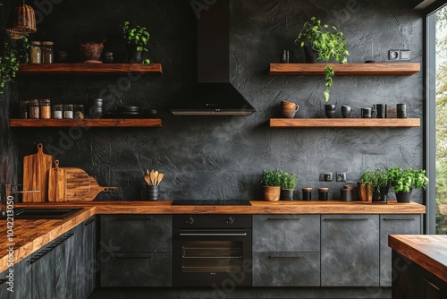 Modern kitchen design with wooden shelves and plants in a stylish dark interi...