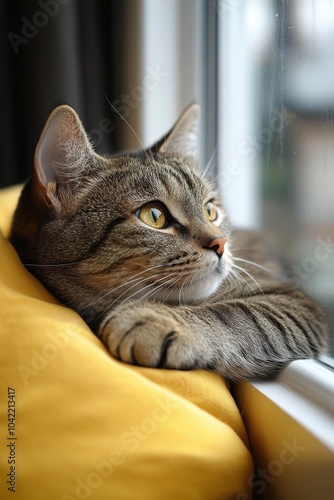A curious cat relaxing by the window on a sunny afternoon while enjoying the ...