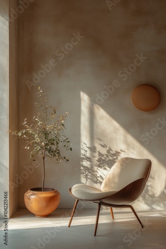 Bright sunlight casting shadows on a stylish chair and palm plant in a cozy i...