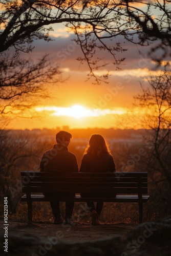 Couple enjoying a sunset while sitting on a bench in a peaceful park during a...