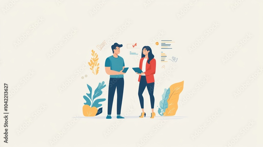 A man and a woman are having a business meeting, standing with clipboards. They are looking at each other and talking. A man and a woman are having a business meeting, standing with clipboards. They are looking at each other and talking.