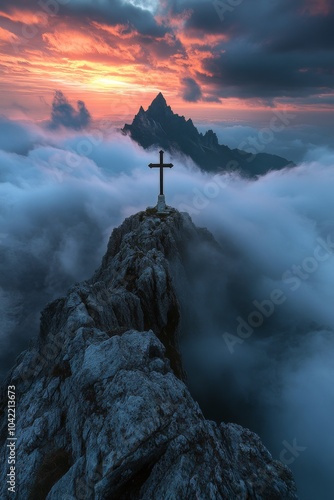 Dramatic mountain peak with a cross, surrounded by clouds and an expansive sk...