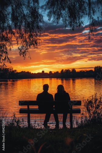 Couple enjoying a sunset while sitting on a bench in a peaceful park during a...