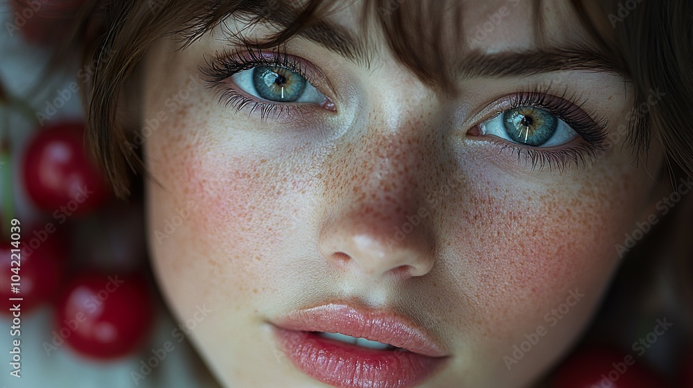 Fototapeta premium Close-Up Portrait of a Woman with Freckles and Green Eyes
