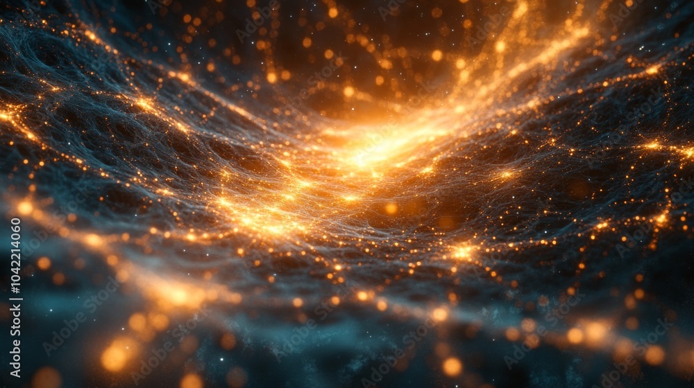 Naklejka premium A stunning display of a cosmic landscape features glowing particles interconnected in a vast, dark universe. The vibrant colors create a mesmerizing effect of depth and motion.