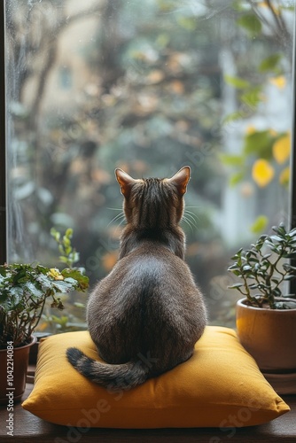 A curious cat relaxing by the window on a sunny afternoon while enjoying the ...