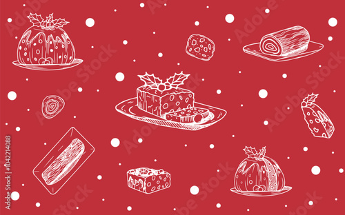 Cute Christmas set consisting of Christmas cupcakes such as classic cupcake, English fruitcake, chocolate log, in hand style. Design set of Christmas cupcakes arranged on plates.