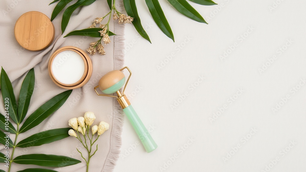 Natural Skincare Setup with Gentle Products and Greenery Natural Skincare Setup with Gentle Products and Greenery