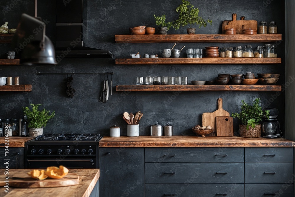 Modern kitchen design with wooden shelves and plants in a stylish dark interior at midday Modern kitchen design with wooden shelves and plants in a stylish dark interior at midday