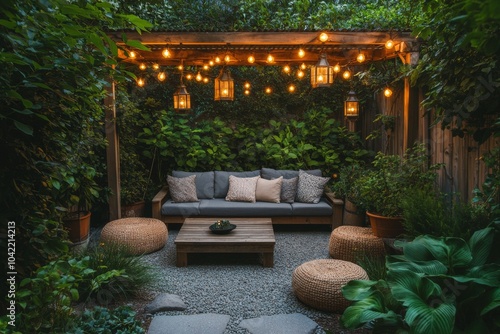 Cozy outdoor seating area with string lights and greenery in a tranquil garde...