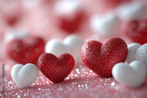 A vibrant collection of sparkling red and white hearts on a soft pink background for a celebration