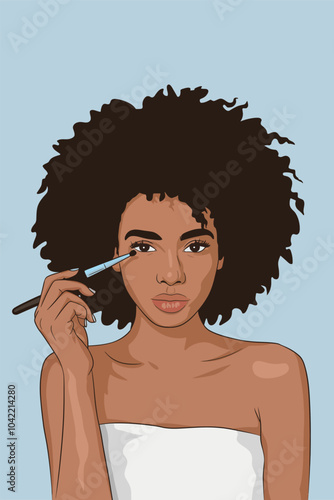 Young Woman with Afro Hairstyle Applying Eyeshadow – Vector Illustration