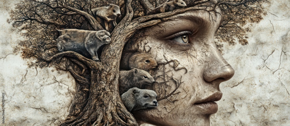 A woman's face is formed by a tree, with animals peeking out from the branches. A woman's face is formed by a tree, with animals peeking out from the branches.