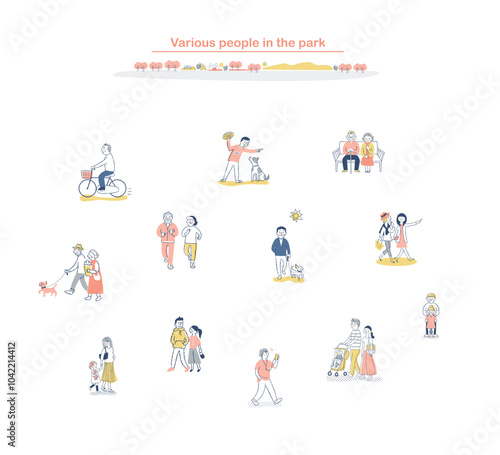 歩いているさまざまな人々　公園　セット