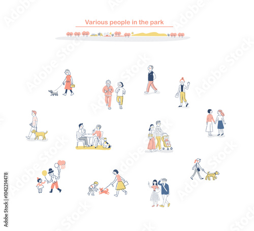歩いているさまざまな人々　公園　セット
