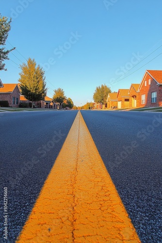 A long, empty street stretches into the distance, marked by a bright yellow c...