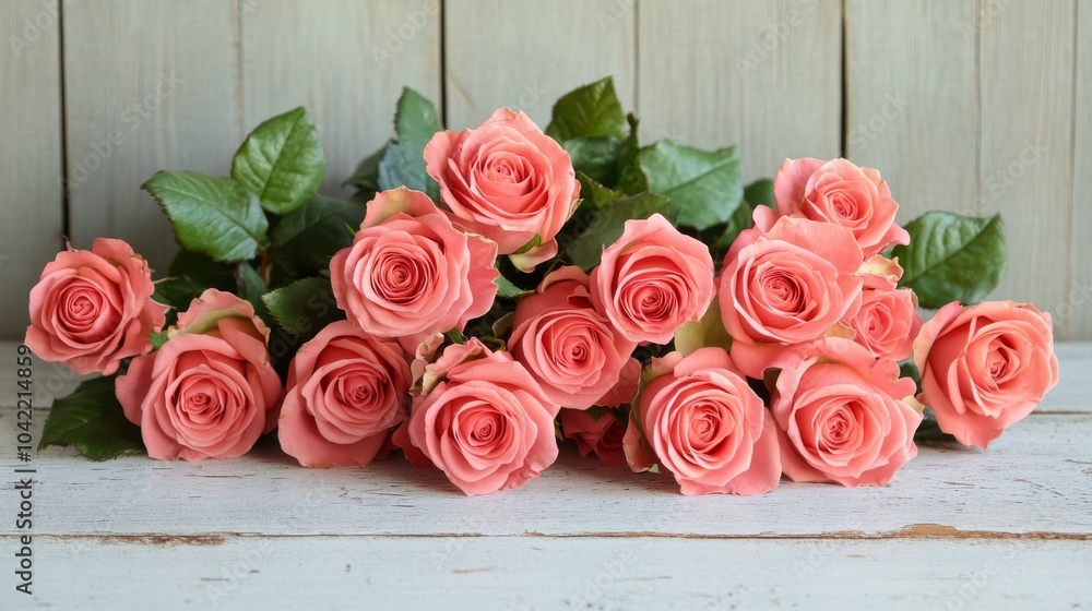 A bouquet of pink roses arranged elegantly on a wooden surface with leafy accents in natural light A bouquet of pink roses arranged elegantly on a wooden surface with leafy accents in natural light