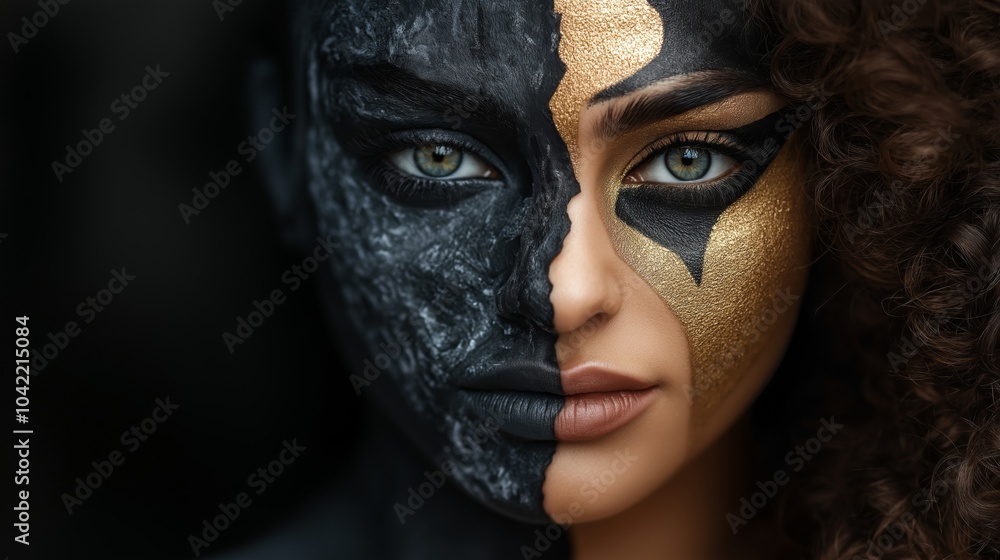 A striking portrait of a woman's face, divided into two halves with black and gold paint. One side has a cracked texture while the other side is smooth, symbolizing contrast and duality A striking portrait of a woman's face, divided into two halves with black and gold paint. One side has a cracked texture while the other side is smooth, symbolizing contrast and duality
