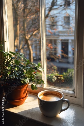 A cozy cup of coffee on a windowsill bathed in soft morning light