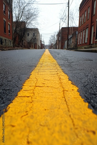 A long, empty street stretches into the distance, marked by a bright yellow c...