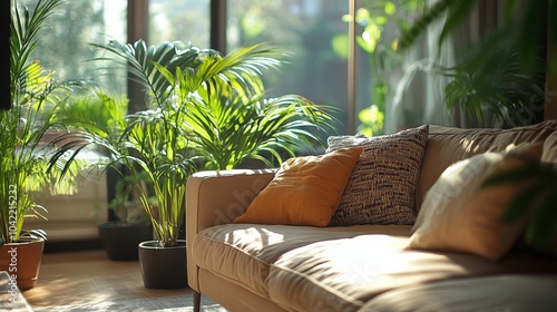Cozy living room with lush greenery and warm sunlight during the afternoon