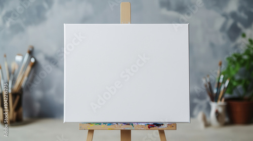 Blank Canvas on Easel in Artist Studio, Inviting Creativity and Inspiration, Perfect for Artistic Expression and Imagination, Open Space for Ideas and Reflection photo