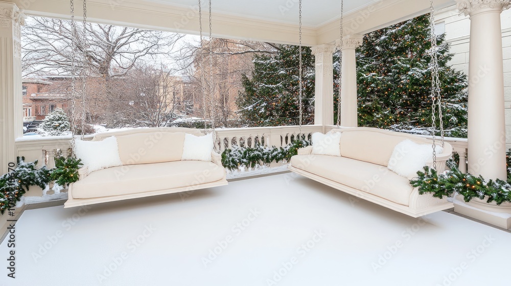 Fototapeta premium A welcoming winter porch showcases a large swing sofa adorned with soft pillows, surrounded by elegant garland and a beautifully decorated Christmas tree