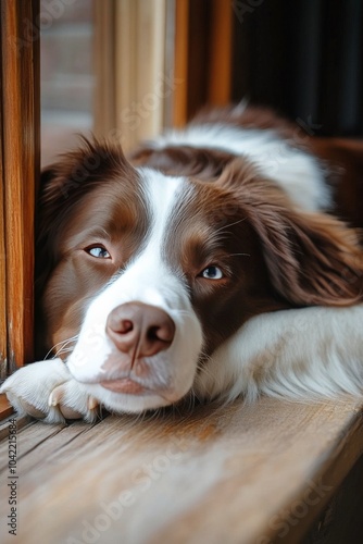 A brown and white dog peacefully sleeps by the window on a sunny afternoon