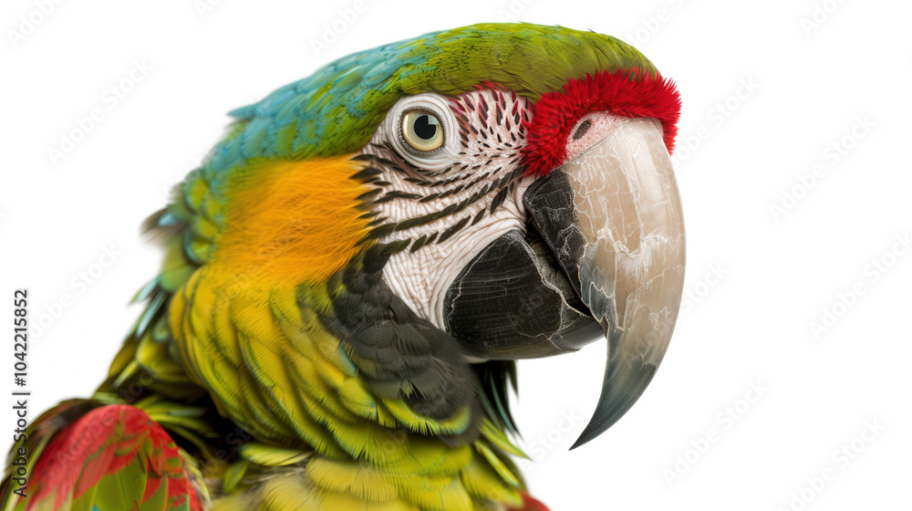 Obraz premium Vibrant Parrot Portrait, stunning close-up of a parrot's face showcasing vivid colors and intricate feather details against a clean white background, ideal for promotional use