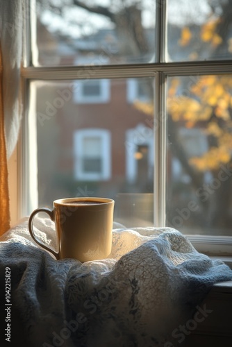 A cozy cup of coffee on a windowsill bathed in soft morning light
