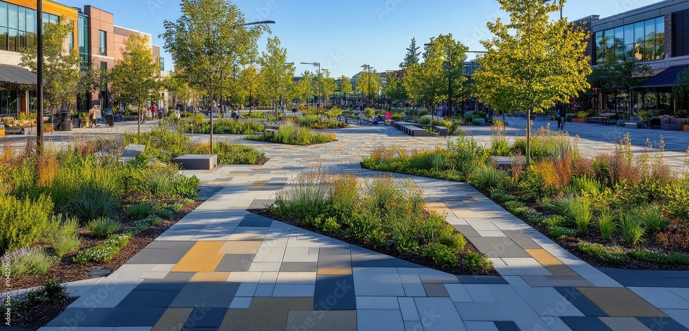 A vibrant community plaza featuring permeable pavement materials, interspersed with greenery and native plants that thrive in the environment.