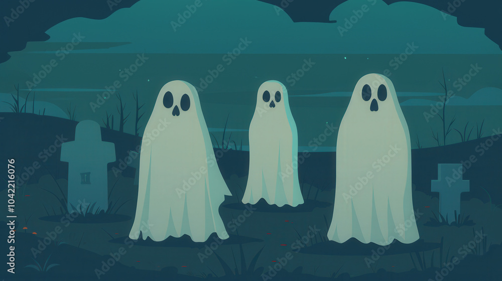 Obraz premium Eerie Spirits in a Foggy Graveyard, a haunting scene depicting translucent figures wandering through a mist-covered cemetery, evoking a sense of mystery and the supernatural.