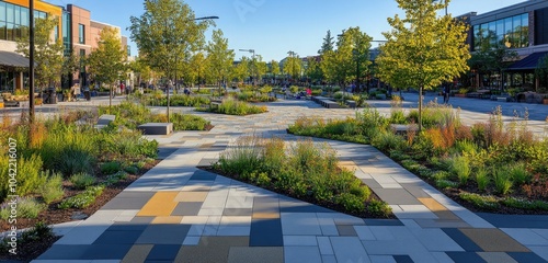 Obraz na płótnie A vibrant community plaza featuring permeable pavement materials, interspersed with greenery and native plants that thrive in the environment. w salonie