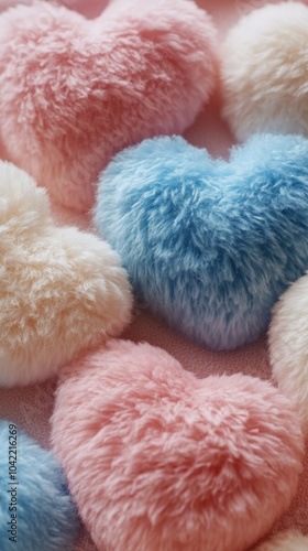 Colorful fluffy heart shaped decorations on a soft surface arranged with past...