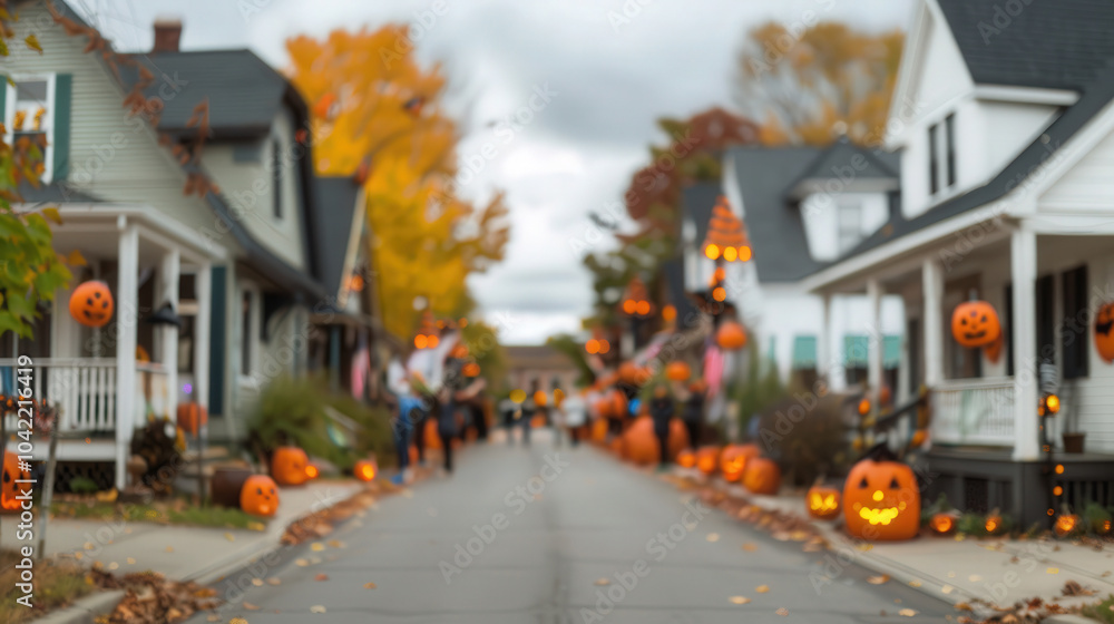 Obraz premium Halloween Parade in the Neighborhood, vibrant street filled with creatively decorated houses, families in costumes, joyous community celebration of spooky festivities