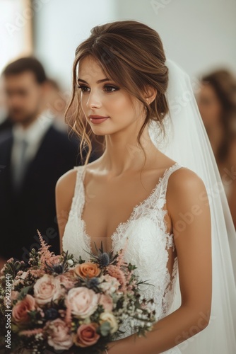 Bride in elegant wedding dress holding bouquet, surrounded by guests outdoors...