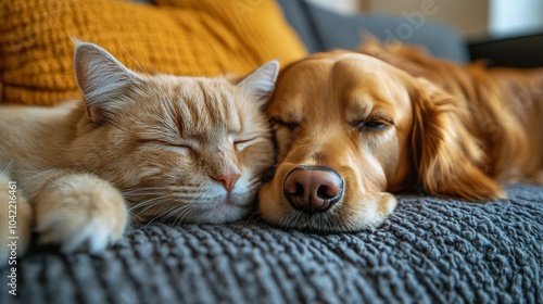 A golden retriever and a ginger cat peacefully resting together on a cozy cou...