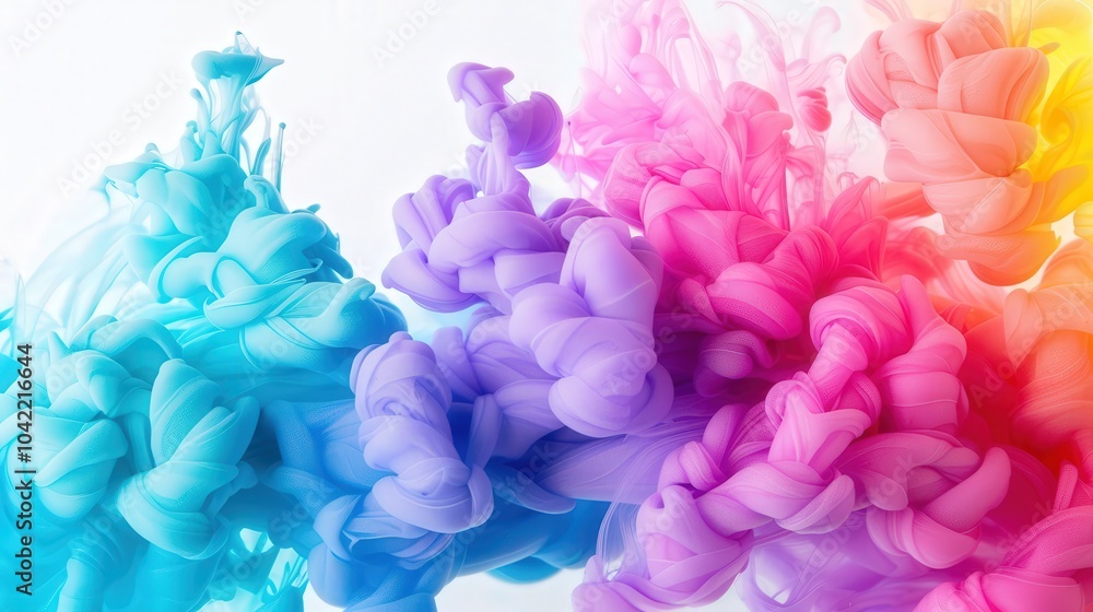 Obraz premium Colorful ink swirling in water, vibrant hues blending together, creating a captivating and dynamic visual display, showcasing fluid motion and mesmerizing patterns.