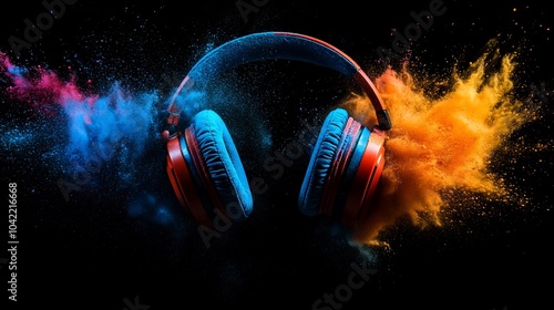 Red headphones with blue earcups surrounded by colorful powder explosion on a black background. photo