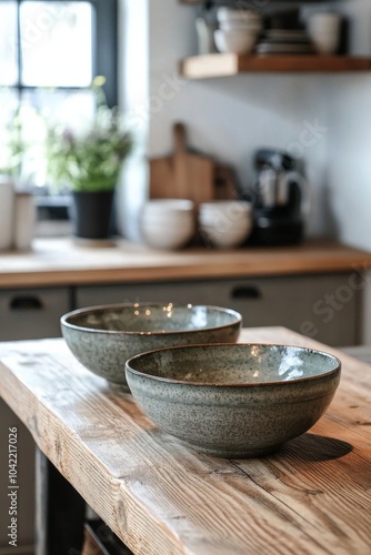 Simple ceramic bowls on a wooden table in a bright and airy setting with natu...