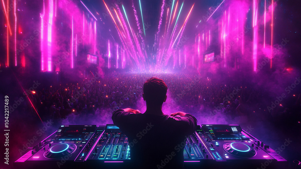 night club EDM party DJ mixing electronic music with turn table background, silhouettes of people dancing and raising their hands night club EDM party DJ mixing electronic music with turn table background, silhouettes of people dancing and raising their hands