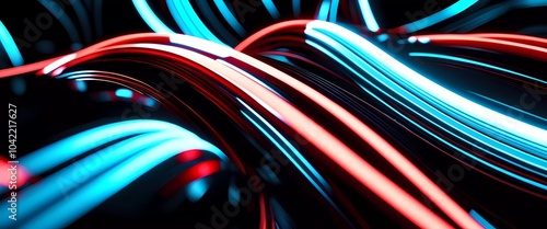 A striking display of smooth lines in vivid red and blue creating an anamorphic bokeh effect, set against a deep black backdrop. This abstract art dances with light and movement. Generative AI